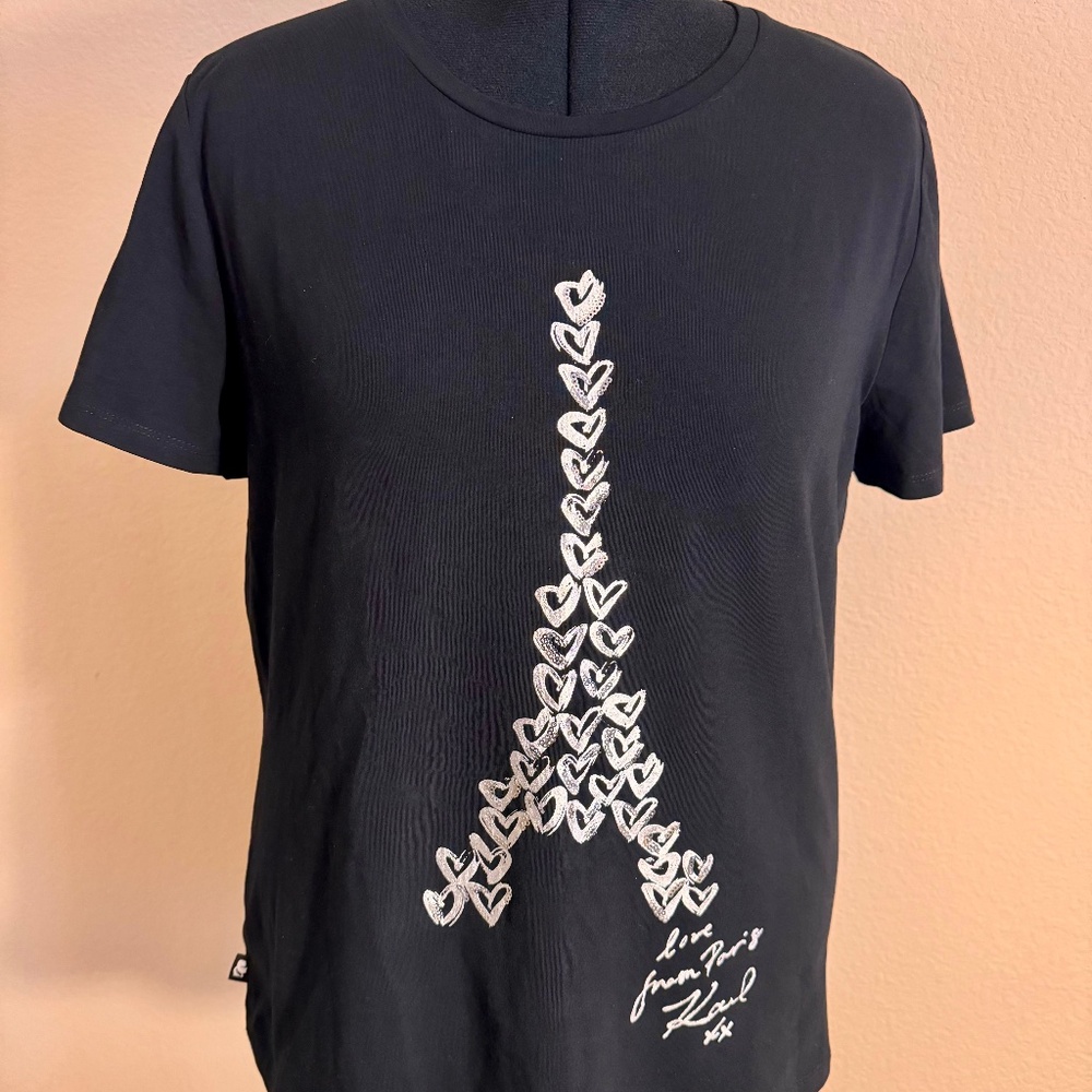 Karl Lagerfeld Paris Tee T-shirt Black and Silver Foil with Silver Sequins Sz L